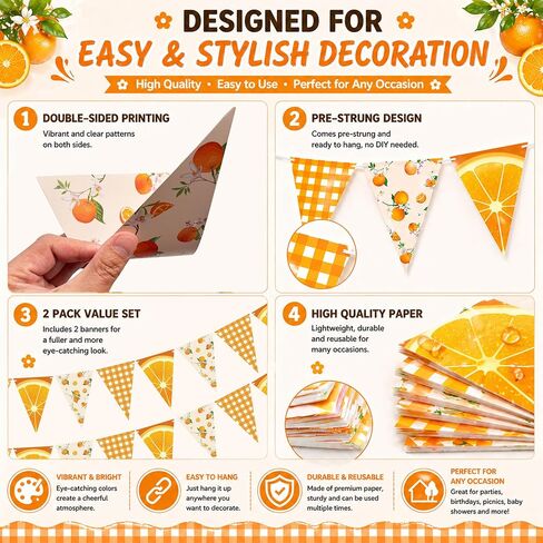 Orange Banner Little Cutie Baby Shower Decorations, Double-Sided Printing Citrus Triangle Flags Plaid Pennant Garland Orange Party Decorations for Birthday Wedding Engagement Supplies in Kuwait