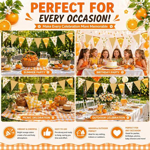 Orange Banner Little Cutie Baby Shower Decorations, Double-Sided Printing Citrus Triangle Flags Plaid Pennant Garland Orange Party Decorations for Birthday Wedding Engagement Supplies in Kuwait