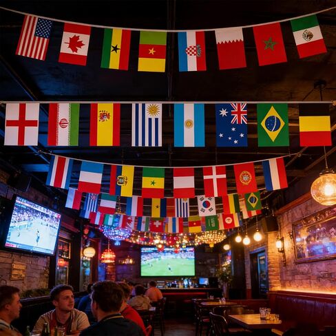 This 32-foot long flag set includes 32 high-definition double-sided flags of the participating countries. perfect for hanging in bars, restaurants, gardens other places, allowing you to easily create a strong international competition atmosphere in Saudi Arabia