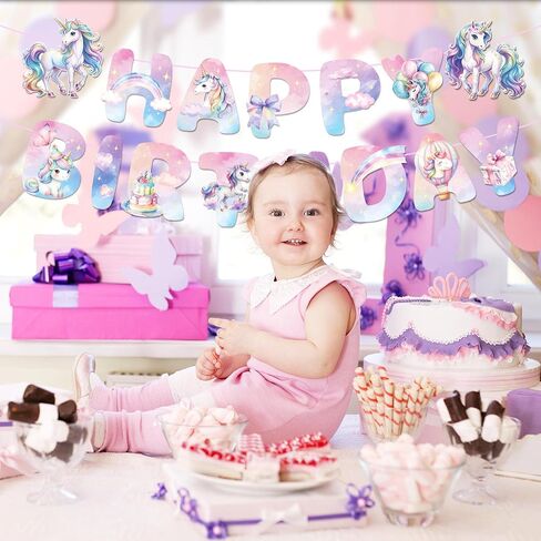 2 PCS Unicorn Happy Birthday Paper Banners Colorful Pony Banners Hanging Bunting Party Decorations in Saudi Arabia