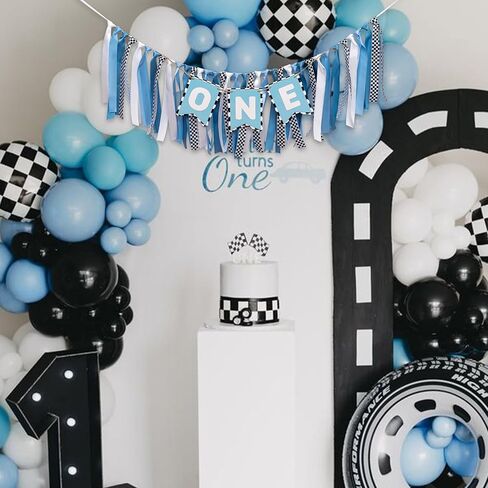 ZAIBIANHAO Checkered Racing Theme First Birthday High Chair Banner - Blue and White Birthday Decorations, Race Car Parties Photo Prop (Blue Race Banner) in Kuwait