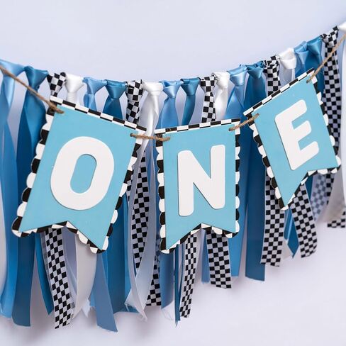ZAIBIANHAO Checkered Racing Theme First Birthday High Chair Banner - Blue and White Birthday Decorations, Race Car Parties Photo Prop (Blue Race Banner) in Kuwait