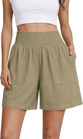 OYANUS Women's Summer Linen Shorts High Waisted Wide Leg Casual Beach Vacation Lounge Elastic Waist Shorts with Pockets in Saudi Arabia