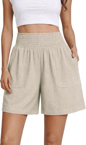 OYANUS Women's Summer Linen Shorts High Waisted Wide Leg Casual Beach Vacation Lounge Elastic Waist Shorts with Pockets in Saudi Arabia