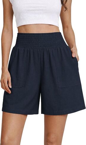 OYANUS Women's Summer Linen Shorts High Waisted Wide Leg Casual Beach Vacation Lounge Elastic Waist Shorts with Pockets in Saudi Arabia