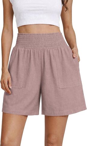 OYANUS Women's Summer Linen Shorts High Waisted Wide Leg Casual Beach Vacation Lounge Elastic Waist Shorts with Pockets in Saudi Arabia