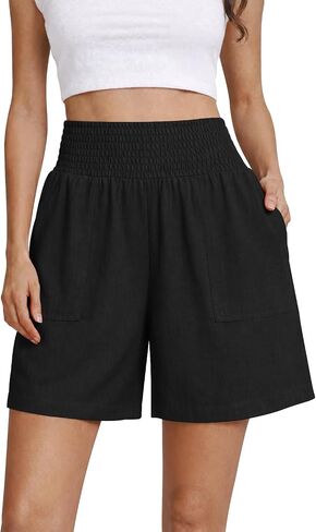 OYANUS Women's Summer Linen Shorts High Waisted Wide Leg Casual Beach Vacation Lounge Elastic Waist Shorts with Pockets in Saudi Arabia