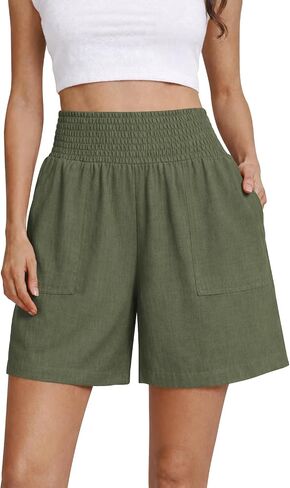 OYANUS Women's Summer Linen Shorts High Waisted Wide Leg Casual Beach Vacation Lounge Elastic Waist Shorts with Pockets in Saudi Arabia