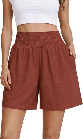 OYANUS Women's Summer Linen Shorts High Waisted Wide Leg Casual Beach Vacation Lounge Elastic Waist Shorts with Pockets in Saudi Arabia