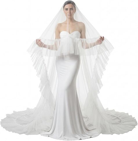 Eurzom Cathedral Length Wedding Veil Ruffled Edge Tulle Two-tier Wedding Veil with Blusher Layer for Church in Kuwait