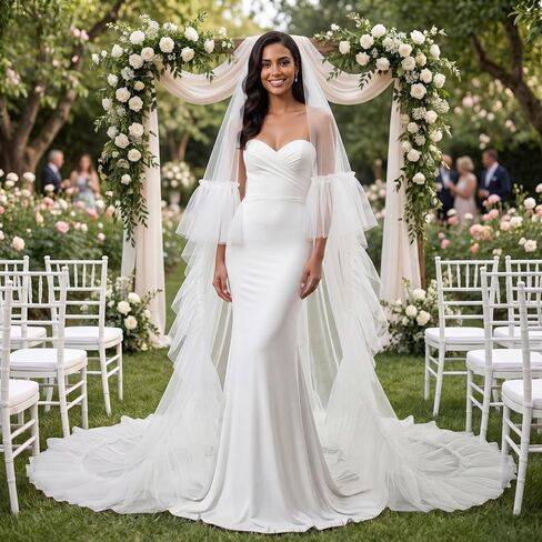 Eurzom Cathedral Length Wedding Veil Ruffled Edge Tulle Two-tier Wedding Veil with Blusher Layer for Church in Kuwait