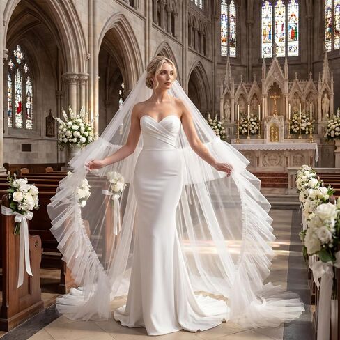 Eurzom Cathedral Length Wedding Veil Ruffled Edge Tulle Two-tier Wedding Veil with Blusher Layer for Church in Kuwait
