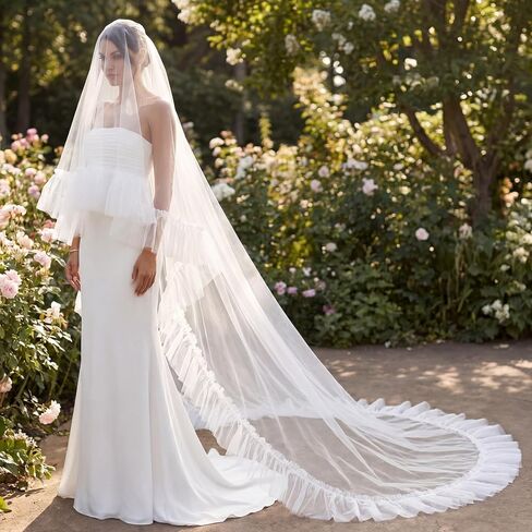 Eurzom Cathedral Length Wedding Veil Ruffled Edge Tulle Two-tier Wedding Veil with Blusher Layer for Church in Kuwait