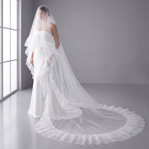 Eurzom Cathedral Length Wedding Veil Ruffled Edge Tulle Two-tier Wedding Veil with Blusher Layer for Church in Kuwait