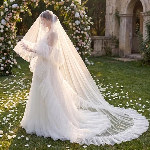 Eurzom Cathedral Length Wedding Veil Ruffled Edge Tulle Two-tier Wedding Veil with Blusher Layer for Church in Kuwait