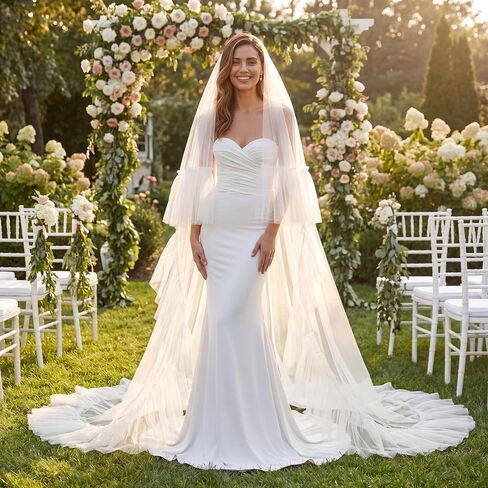 Eurzom Cathedral Length Wedding Veil Ruffled Edge Tulle Two-tier Wedding Veil with Blusher Layer for Church in Kuwait