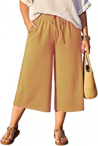 Ninee Womens Plus Size Capri Wide Leg Loose Pants Wide Leg High Waisted Lounge Pajama Capri Casual with Pockets in Saudi Arabia