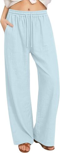 Wide Leg Linen Pants for Women High Waist Drawstring Lounge Pants Casual Summer Flowy Palazzo Trousers with Pockets in Saudi Arabia