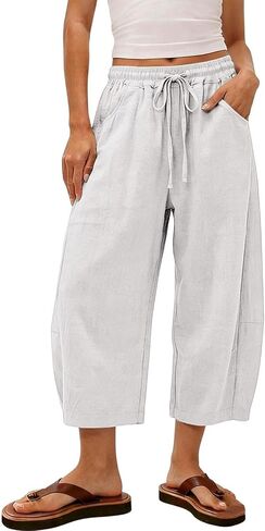 Linen Capri Pants for Women 2026 Summer Casual Flowy Barrel Wide Leg Drawstring Elastic Waist Trousers with Pockets in Saudi Arabia