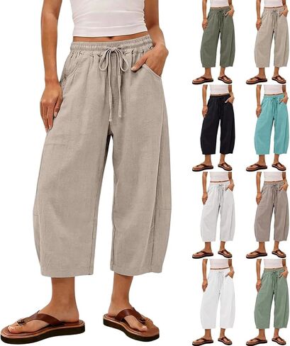Linen Capri Pants for Women 2026 Summer Casual Flowy Barrel Wide Leg Drawstring Elastic Waist Trousers with Pockets in Saudi Arabia