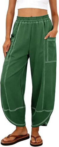 سراويل نسائية من القطن والكتان بخصر مطاطي بنطال واسع الساق على شكل برميل ملابس بالازو كابريس صيفية مقصوصة للشاطئ مع جيوب in Kuwait