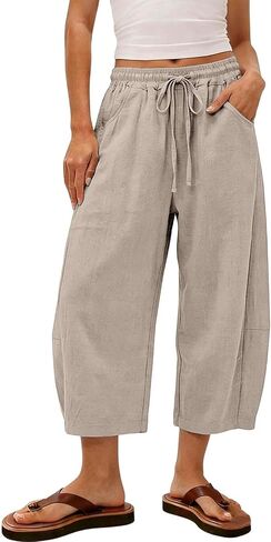Linen Capri Pants for Women 2026 Summer Casual Flowy Barrel Wide Leg Drawstring Elastic Waist Trousers with Pockets in Saudi Arabia