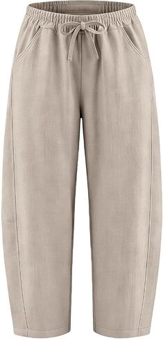 Linen Capri Pants for Women 2026 Summer Casual Flowy Barrel Wide Leg Drawstring Elastic Waist Trousers with Pockets in Saudi Arabia