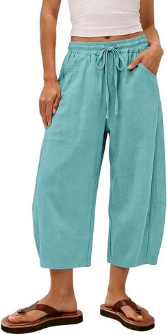 Linen Capri Pants for Women 2026 Summer Casual Flowy Barrel Wide Leg Drawstring Elastic Waist Trousers with Pockets in Saudi Arabia