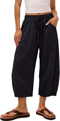 Linen Capri Pants for Women 2026 Summer Casual Flowy Barrel Wide Leg Drawstring Elastic Waist Trousers with Pockets in Saudi Arabia