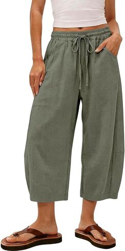 Linen Capri Pants for Women 2026 Summer Casual Flowy Barrel Wide Leg Drawstring Elastic Waist Trousers with Pockets in Saudi Arabia