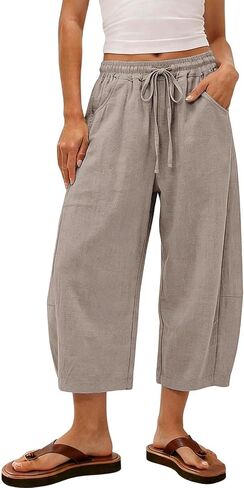 Linen Capri Pants for Women 2026 Summer Casual Flowy Barrel Wide Leg Drawstring Elastic Waist Trousers with Pockets in Saudi Arabia