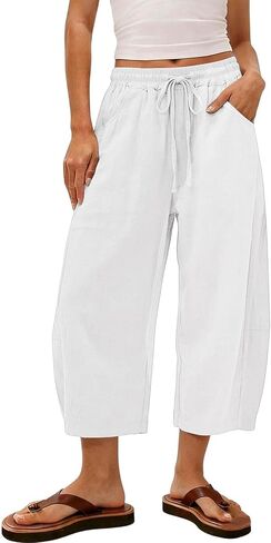 Linen Capri Pants for Women 2026 Summer Casual Flowy Barrel Wide Leg Drawstring Elastic Waist Trousers with Pockets in Saudi Arabia