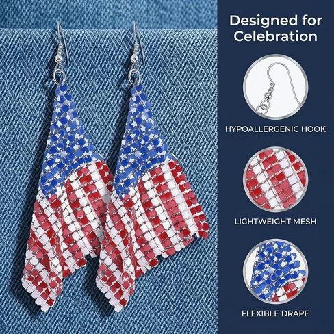4th of July Patriotic Earrings - Red White Blue American Flag Drop Dangle Earring, USA Independence Day Cute Pave Rhinestone Star Jewelry, Fourth of July Outfits Shirts Accessories Decoration in Saudi Arabia