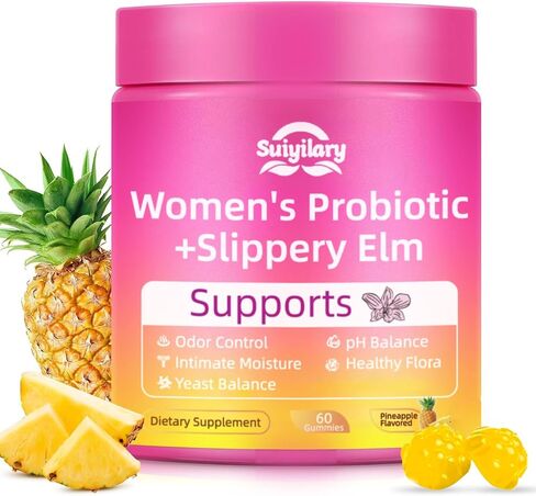 Suiyilary Slippery Elm for Women, Vaginal Probiotics PH Balance Gummies, Pineapple Feminine Probiotics Gummies, Immune Support, Vegan, Gluten-Free, 60 Gummies 30 Servings in Kuwait