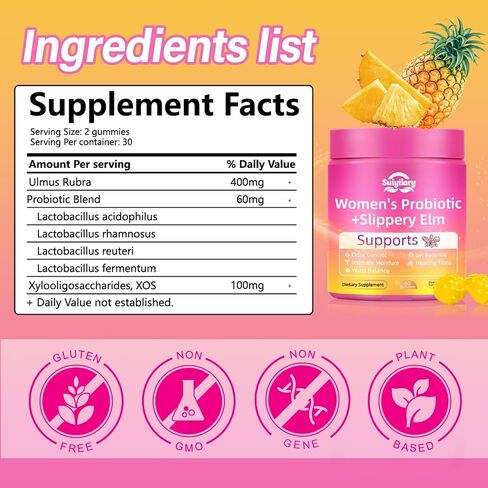 Suiyilary Slippery Elm for Women, Vaginal Probiotics PH Balance Gummies, Pineapple Feminine Probiotics Gummies, Immune Support, Vegan, Gluten-Free, 60 Gummies 30 Servings in Kuwait