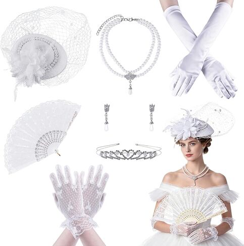 7 Pcs Fascinator Tea Party Hat Set for Women Include Tea Party Hat Short Lace Gloves Pearl Necklace Earrings Lace Fan Headband White Gloves Women for Bridal Wedding Masquerade in Saudi Arabia