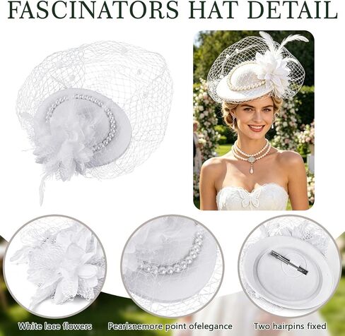 7 Pcs Fascinator Tea Party Hat Set for Women Include Tea Party Hat Short Lace Gloves Pearl Necklace Earrings Lace Fan Headband White Gloves Women for Bridal Wedding Masquerade in Saudi Arabia