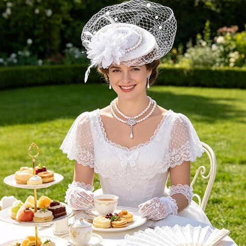 7 Pcs Fascinator Tea Party Hat Set for Women Include Tea Party Hat Short Lace Gloves Pearl Necklace Earrings Lace Fan Headband White Gloves Women for Bridal Wedding Masquerade in Saudi Arabia