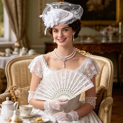 7 Pcs Fascinator Tea Party Hat Set for Women Include Tea Party Hat Short Lace Gloves Pearl Necklace Earrings Lace Fan Headband White Gloves Women for Bridal Wedding Masquerade in Saudi Arabia