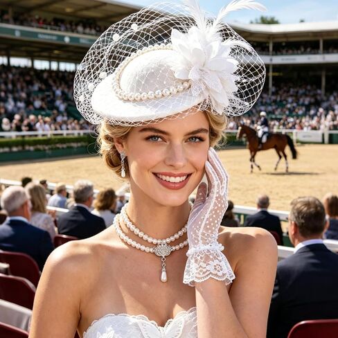 7 Pcs Fascinator Tea Party Hat Set for Women Include Tea Party Hat Short Lace Gloves Pearl Necklace Earrings Lace Fan Headband White Gloves Women for Bridal Wedding Masquerade in Saudi Arabia