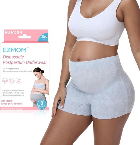 Postpartum Underwear, 8 Pcs Disposable Postpartum Essentials, High Waisted Stretch Maternity Boyshort Panties, Breathable After Birth Recovery, Hospital Bag Essential, Waist 28"-42", Grey in Saudi Arabia