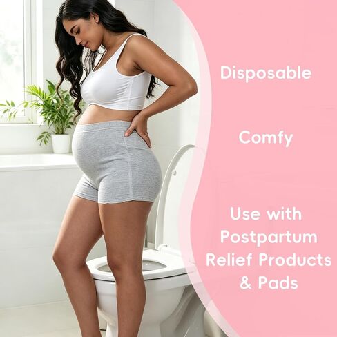 Postpartum Underwear, 8 Pcs Disposable Postpartum Essentials, High Waisted Stretch Maternity Boyshort Panties, Breathable After Birth Recovery, Hospital Bag Essential, Waist 28"-42", Grey in Saudi Arabia