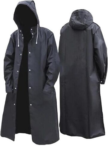 Qianly Lightweight Womens Men's Long Hooded Rain Jacket Quick- Hiking Camping Windbreaker with Cap Black in Kuwait