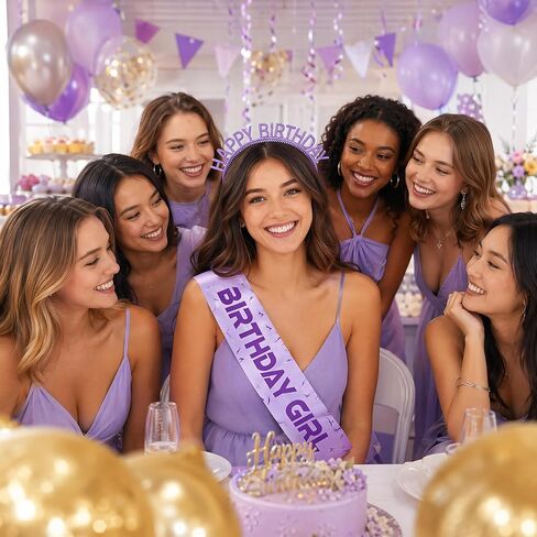 Birthday Sash and Headband Set for Girls, Purple Satin Party Set for Birthday Celebration and Decorations in Saudi Arabia