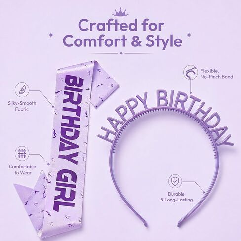 Birthday Sash and Headband Set for Girls, Purple Satin Party Set for Birthday Celebration and Decorations in Saudi Arabia