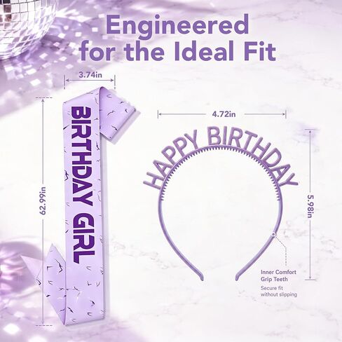 Birthday Sash and Headband Set for Girls, Purple Satin Party Set for Birthday Celebration and Decorations in Saudi Arabia