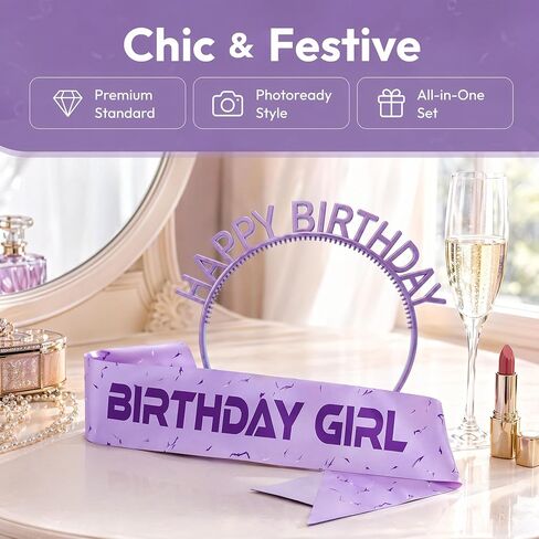 Birthday Sash and Headband Set for Girls, Purple Satin Party Set for Birthday Celebration and Decorations in Saudi Arabia