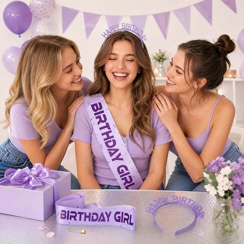 Birthday Sash and Headband Set for Girls, Purple Satin Party Set for Birthday Celebration and Decorations in Saudi Arabia