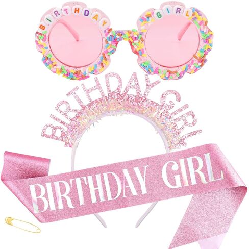 3Pcs Pink Birthday Girl Sash Headband Crown Round Flower Sunglasses Glasses Set for Women Girls Cute Birthday Party Accessories in Saudi Arabia