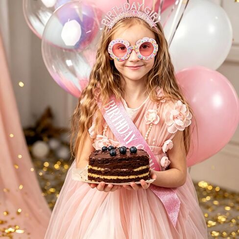3Pcs Pink Birthday Girl Sash Headband Crown Round Flower Sunglasses Glasses Set for Women Girls Cute Birthday Party Accessories in Saudi Arabia